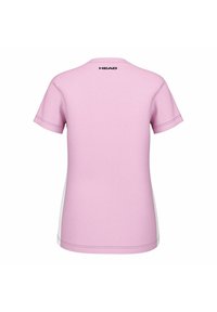 Maglietta sportiva rosa a maniche corte con pannelli laterali bianchi. Presenta un colletto rotondo e la parola "HEAD" stampata sulla parte superiore della schiena.