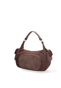 Borse a tracolla in suede marrone con una texture liscia, hardware dorato, una grande tasca con zip frontale e una tracolla curva.