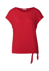 Rotes Kurzarm-T-Shirt aus weichem Stoff, mit runder Ausschnitt und seitlichem Knoten-Detail für Stil. Glatte Textur, lässiges Design.