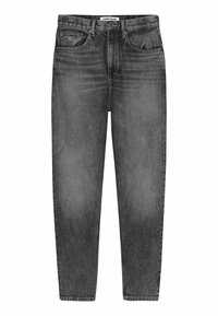 Pantalones vaqueros de mezclilla gris con un diseño de pierna recta, que cuentan con cinco bolsillos, un cierre frontal y una etiqueta de marca en la cinturilla. Textura ligeramente desvaída.