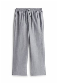 Graue, leichte Stoffhose mit elastischem Bund, Kordelzug und dezentem vertikalem Streifenmuster. Verfügt über Seitentaschen.