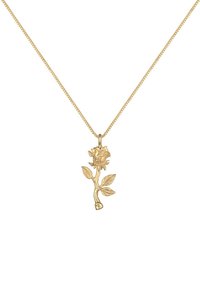 Guld halskæde med en rosenvedhæng med en detaljeret blomst og blade, på en tynd, delikat kæde. Glat tekstur med en poleret finish.
