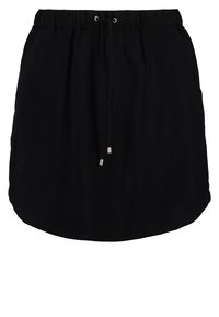 Černá volnočasová sukně s elastickým pasem a černým stahovacím šňůrkem s kovovými koncovkami, zaoblený lem.