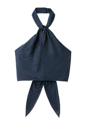 Dunkelblaues Jeans-Halftertop mit breitem Nackenriemen und gebundenem Stoffdetail auf der Rückseite.