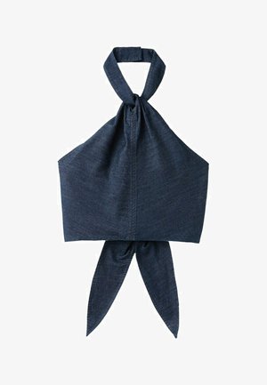 Dunkelblaues Jeans-Halftertop mit breitem Nackenriemen und gebundenem Stoffdetail auf der Rückseite.