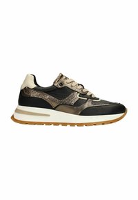 Sneaker met een zwarte leren basis, metallic bronzen accenten, gestructureerde bovenkant, beige veters en een witte tussenzool met een gumrubberen buitenzool.