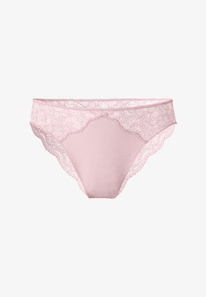 Culottes en dentelle rose avec un panneau central lisse, une garniture en dentelle complexe et des bords festonnés pour plus de détails.