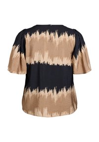 Kortsleeve blus med svart och beige abstrakt mönster, med strukturerad tyg och en knappstängning bak.