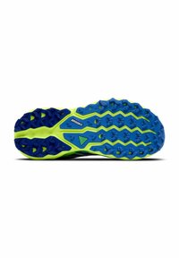 Semelle de chaussure de trail en bleu et vert lime, présentant des motifs de traction agressifs et un logo de marque distinct. Texturée pour une meilleure adhérence.