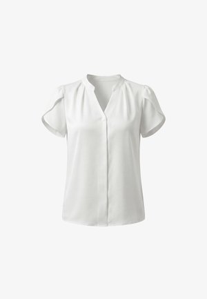 Biela blúzka s krátkym rukávom, výstrihom do V, mandarínskym golierom, mierne nariasenými ramenami a jedným viditeľným gombíkom vpredu.