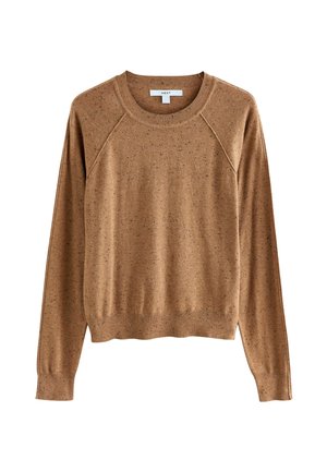 Brown speckled crewneck sweater with long raglan sleeves and ribbed cuffs and hem, displayed against white background.