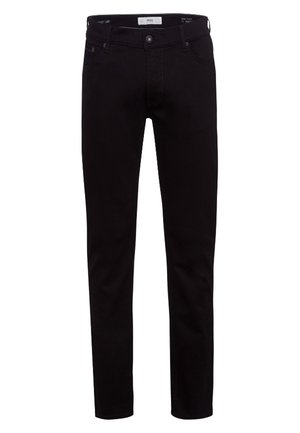 Schwarze Denim-Hosen mit einem figurnahen Schnitt, ausgestattet mit fünf Taschen, einem Knopfverschluss und subtilen Steppnähten auf der Vorderseite. Angenehme, glatte Textur.