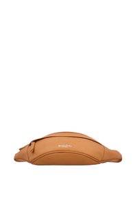 Tasche aus braunem Leder mit einer eleganten, geschwungenen Form; verfügt über einen oberen Reißverschlussverschluss und ein eingeprägtes Logo-Detail. Glatte Textur und minimalistisches Design.