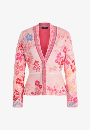 Heledad roosa kardigan, millel on lillemustrid punases, sinises ja oranžis. Sellel on V-kaelus, nööbid ja kontrastne ääris servadel.