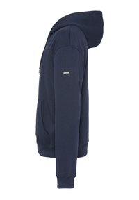 Felpa blu navy realizzata in tessuto misto cotone, con tasca a marsupio frontale, polsini a costine e una patch con il marchio sulla manica.