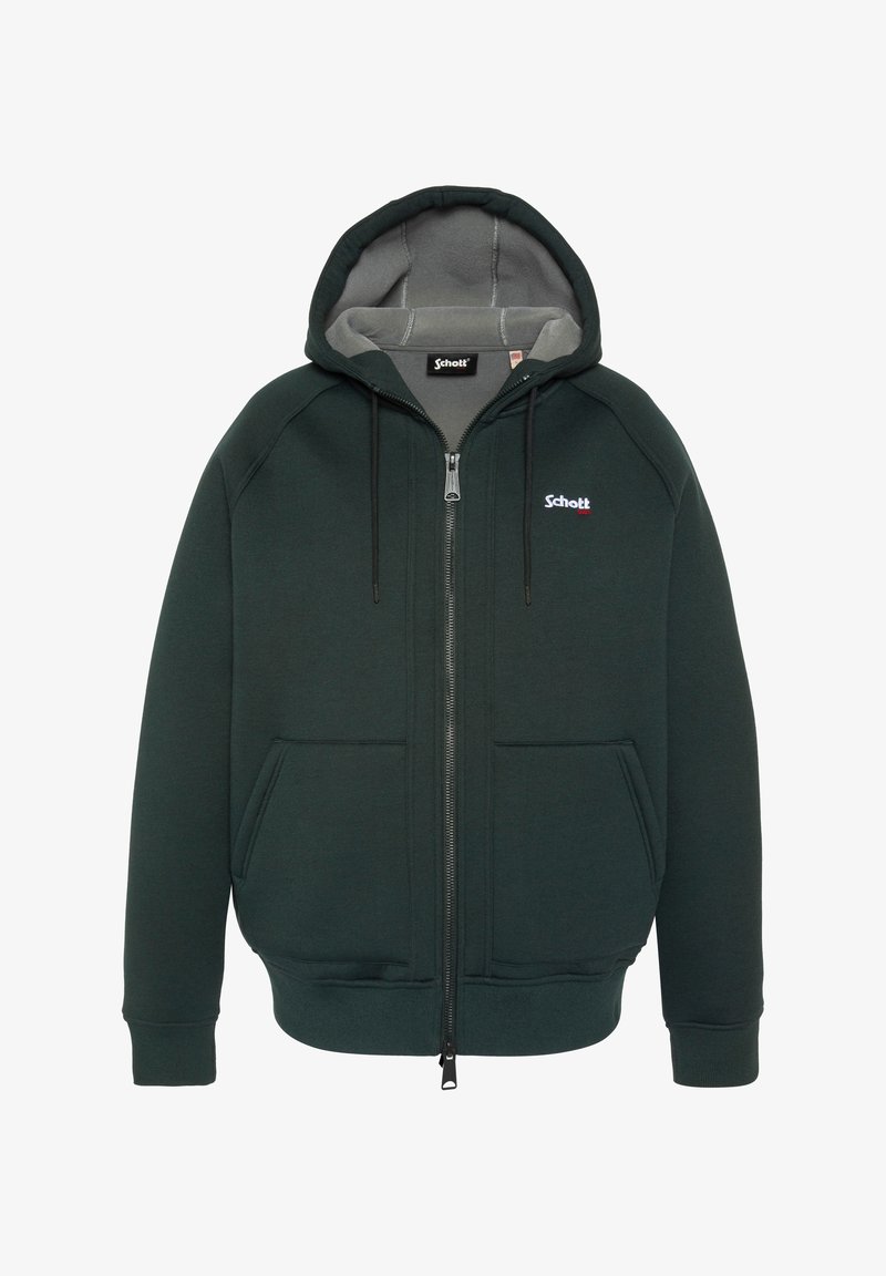 Hoodie à fermeture éclair vert foncé avec poches avant, cordons noirs, doublure intérieure grise et petit logo blanc "Schott" sur le côté gauche de la poitrine.