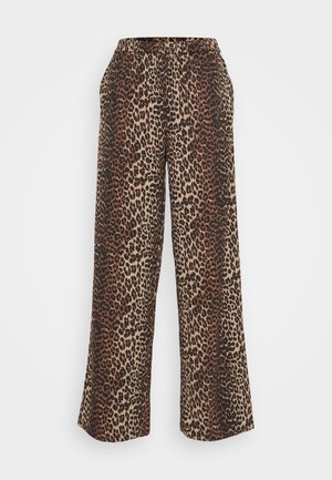 Pantaloni largi cu imprimeu leopard, cu talie elastică și buzunare laterale, fabricați dintr-un material moale în nuanțe de maro și bej.