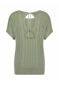 Groene gebreide top met een losse pasvorm, korte mouwen en een wijde halslijn. Beschikt over een striksluiting op de rug met decoratieve kwastjes en een textuurpatroon.