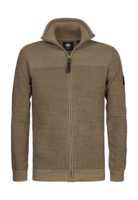 Suéter marrón con cremallera y cuello alto, paneles de punto texturizado y diseño en un solo color. Presenta una cremallera negra y detalles de dobladillo a juego.