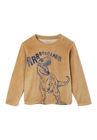 Tan long-sleeve shirt in soft fabric features a blue dinosaur graphic with the text "RRRroarrr" printed above it. Round neckline and stitched hem.
