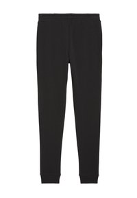 Schwarze Baumwoll-Sweatpants mit taillierter Passform, elastischem Bund und gerippten Bündchen. Glatte Textur, minimale Details. Geeignet für lässige Kleidung.