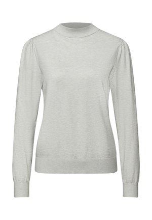 Světle šedý svetr s dlouhým rukávem a vysokým límcem. Má nařasená ramena a upnuté manžety, vyrobený z měkké pleteniny.