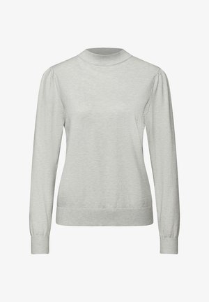 Pull gris clair à manches longues avec un col montant. Présente des épaules froncées et des poignets ajustés, fabriqué en tissu tricoté doux.