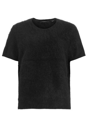 Schwarzes Kurzarmoberteil aus weichem, flauschigem Stoff mit rundem Ausschnitt und einer leicht kastigen Form. Keine sichtbaren Verschlüsse oder Muster.