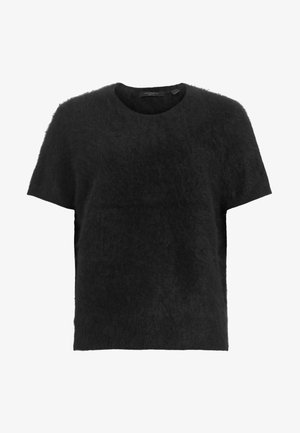 Schwarzes Kurzarmoberteil aus weichem, flauschigem Stoff mit rundem Ausschnitt und einer leicht kastigen Form. Keine sichtbaren Verschlüsse oder Muster.