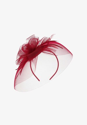 Roter Fascinator-Haarreifen mit einer Tüllschleife und Federn, in runder Form und zarter Netztextur. Basis aus weichem Stoff.