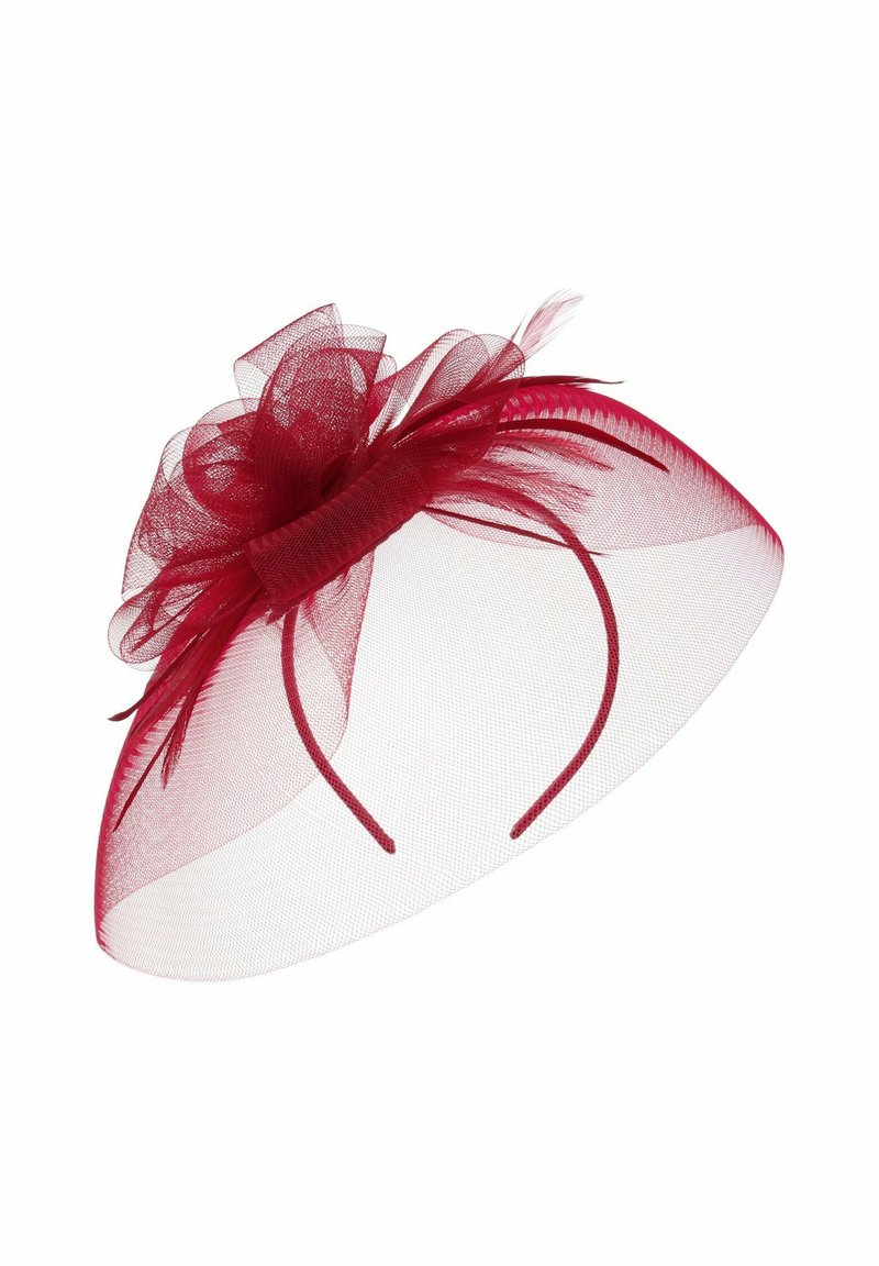 Roter Fascinator-Haarreifen mit einer Tüllschleife und Federn, in runder Form und zarter Netztextur. Basis aus weichem Stoff.