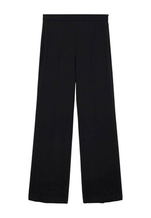 Pantaloni negri cu picioare largi, dintr-un material neted, cu talie înaltă și față plisată, având un design curat și minimalist, fără modele sau accesorii.