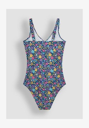Blomsteret én-delt badedragt med en marineblå baggrund og farverige blomster. Justerbare stropper og et glat, strækbart stof.