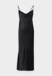 Black satin dress with a cowl neckline, thin adjustable straps, and a straight silhouette extending to the mid-calf, smooth texture.