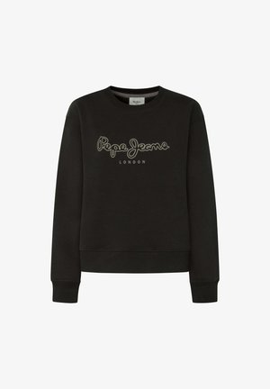 Black sweatshirt made of cotton blend, featuring a crew neck, ribbed cuffs, and hem, with "Pepe Jeans LONDON" logo in cursive across the front.