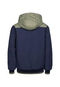 Giacca blu navy con cappuccio trapuntato verde chiaro, polsini e vita a coste. Design semplice, texture morbida e senza chiusure visibili.