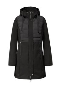 Black jacket with a puffy front, hood, and two zippered side pockets. Made of smooth fabric with a matte finish and drawstring accents.