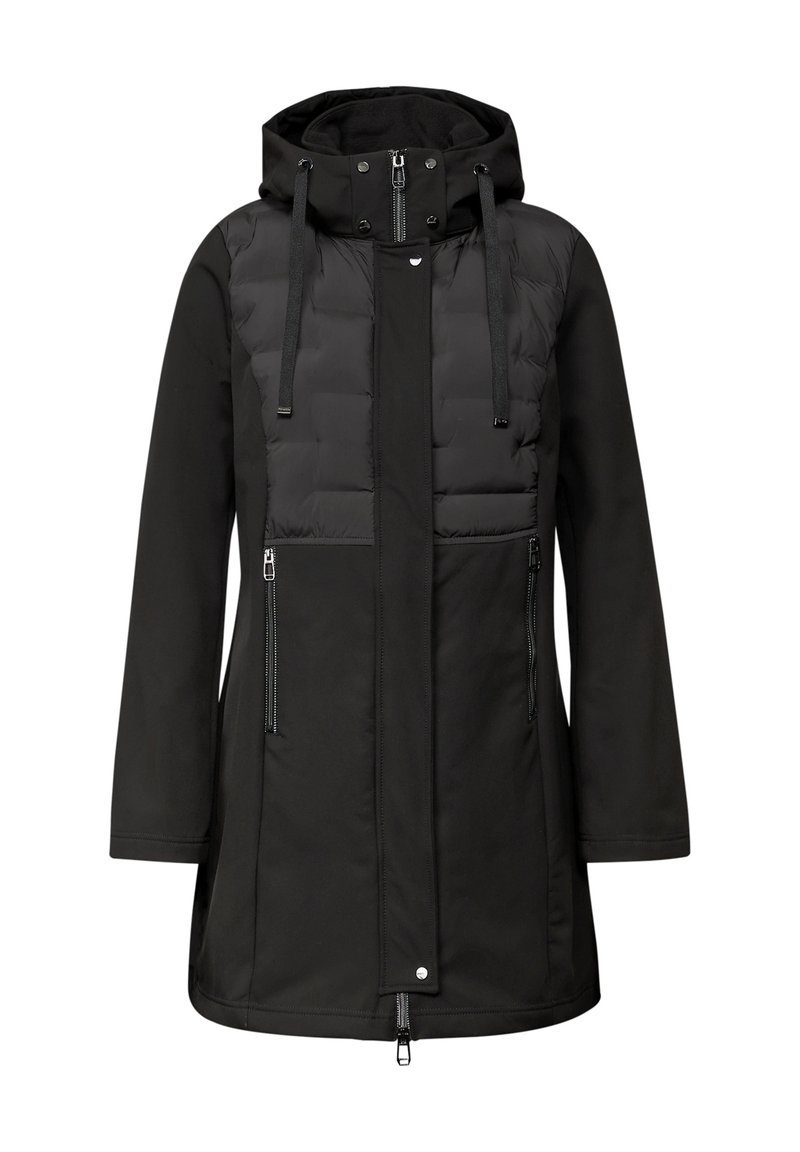 Black jacket with a puffy front, hood, and two zippered side pockets. Made of smooth fabric with a matte finish and drawstring accents.