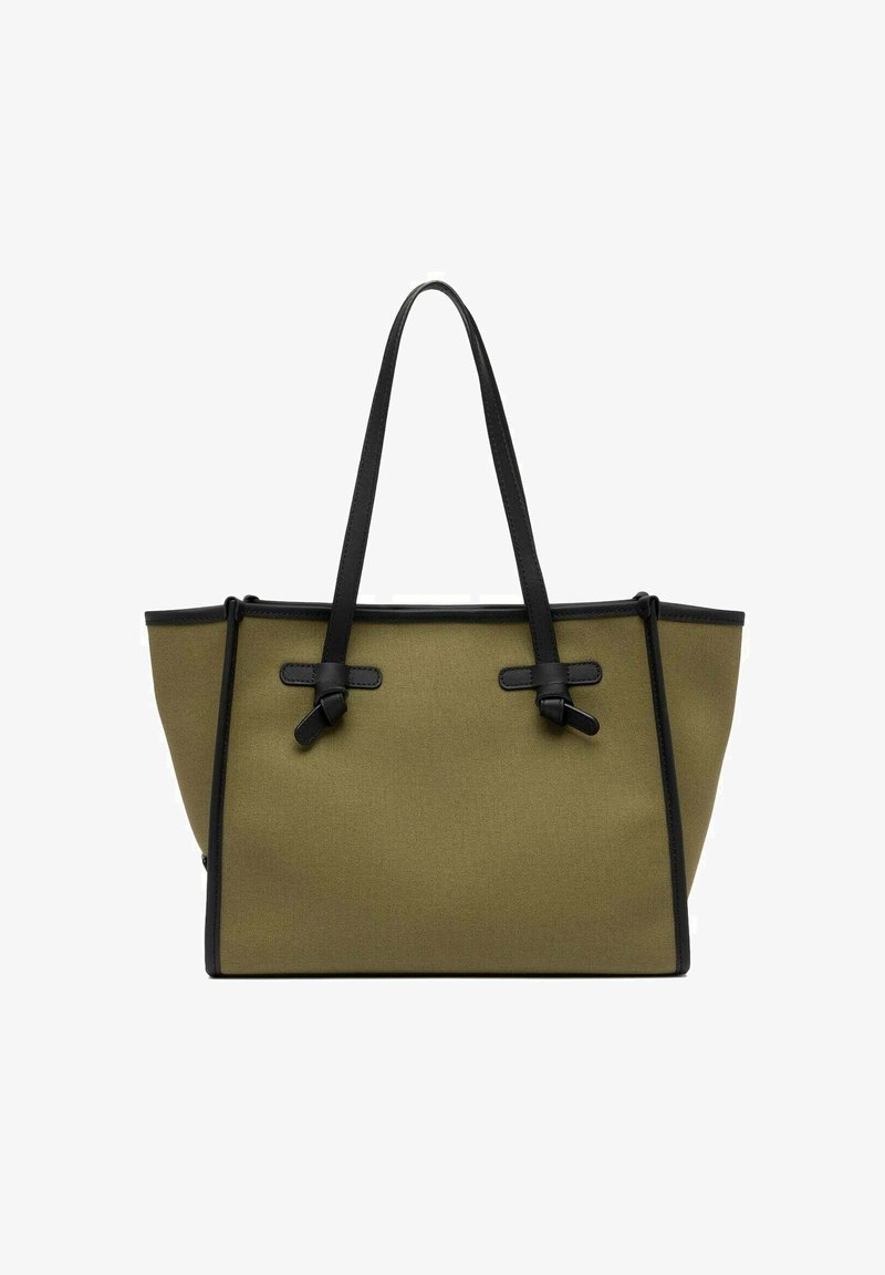 Borsa a mano verde oliva con dettagli in pelle nera, dotata di due manici superiori e una forma strutturata. Tessuto liscio con chiusure a chiavistello.