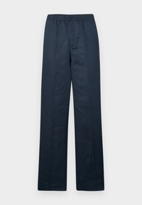 Mörkblå byxor med avslappnad passform, elastisk midja och knappstängning. Tillverkade av ett texturerat tyg med rak ben-design.