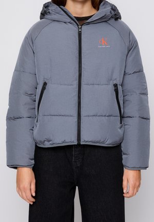 Person wearing a grey puffer jacket with a hood, black zipper, zippered pockets, and Calvin Klein Jeans logo on the left chest.