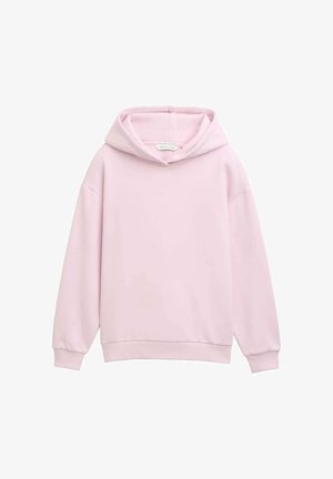 Sudadera rosa claro hecha de una tela suave con un ajuste relajado. Cuenta con una gran capucha con cordón y puños acanalados. Sin patrones ni acentos visibles.