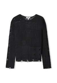 Pull en maille noire à manches longues, présentant des motifs variés, une texture à tissage ouvert et des détails effilochés au niveau de l'ourlet et des manches.
