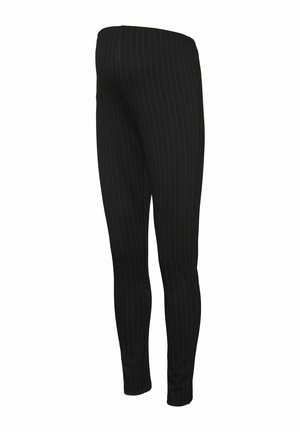 Pantalones negros ajustados con finas rayas verticales en blanco, piernas ajustadas y una cinturilla elástica.
