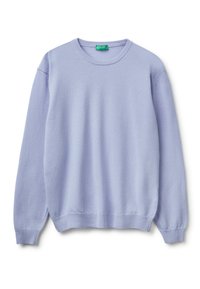 Světle fialový svetr s kulatým výstřihem a dlouhými rukávy, s žebrovanými manžetami a spodním lemem, položený na bílém pozadí.