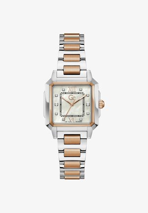 Štvorec strieborných a ružovo-zlatých hodiniek s ciferníkom z perlete, rímske číslice na 12 a 6, diamantové ukazovatele hodín a kovový remienok s článkami.