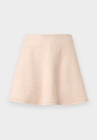 Φούστα σε ανοιχτό μπεζ χρώμα με καμπάνα, κατασκευασμένη από μαλακό ύφασμα. Διαθέτει ομαλή υφή και καθαρό τελείωμα, με απλό σχέδιο χωρίς επιπλέον μοτίβα ή διακοσμητικά.