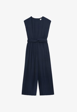Navy blue pleated jumpsuit with a sleeveless design, a knotted waist, and wide leg openings. Smooth texture and uniform pattern throughout.