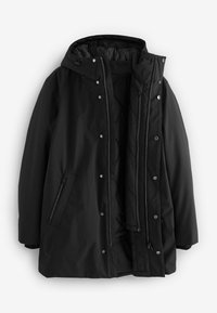 Manteau d'hiver noir à capuche avec doublure matelassée, fermeture éclair à l'avant avec boutons-pression, et poche latérale zippée, présenté ouvert sur fond blanc.