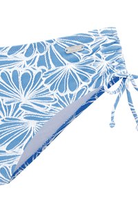 Zila zilas bikīni apakšdaļa ar baltu čaulu rakstu. Ir savilkšanas saite vienā pusē un logo birka ar uzrakstu "Venice Beach."